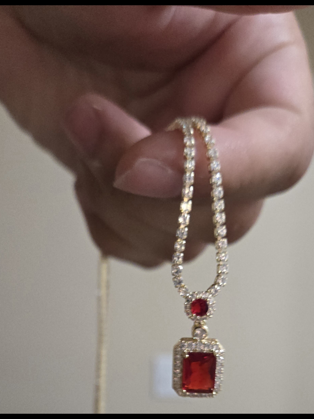 Gold colored Necklace and Adjustable Ring set with Red Gemstone Pendant
